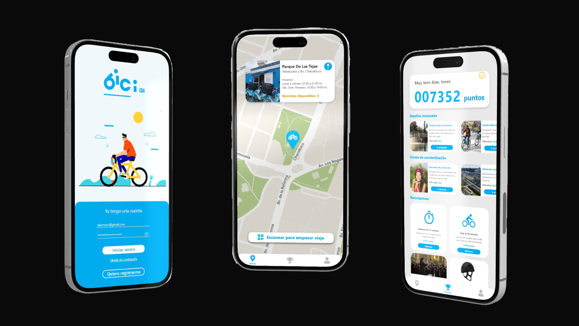 mockup-app-celular: pantallas de la app 'Bici CBA', login, mapa de estaciones, escaneo QR y perfil con puntos acumulados