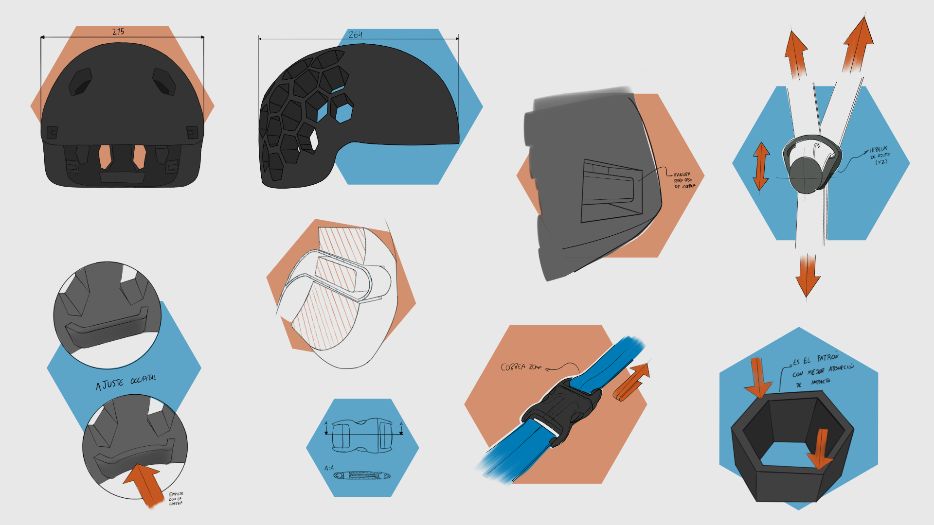 dibujo-tecnico-expresivo: dibujo técnico expresivo del casco, despiece y detalle de correas, hebillas y ventilación