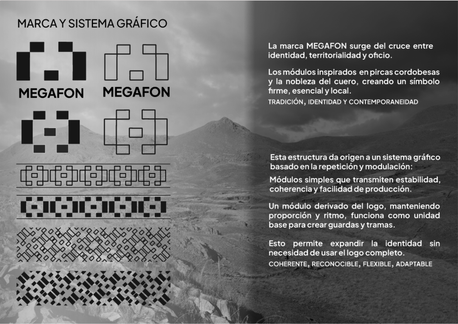 Isologo, variantes de módulo y patrón textil derivado