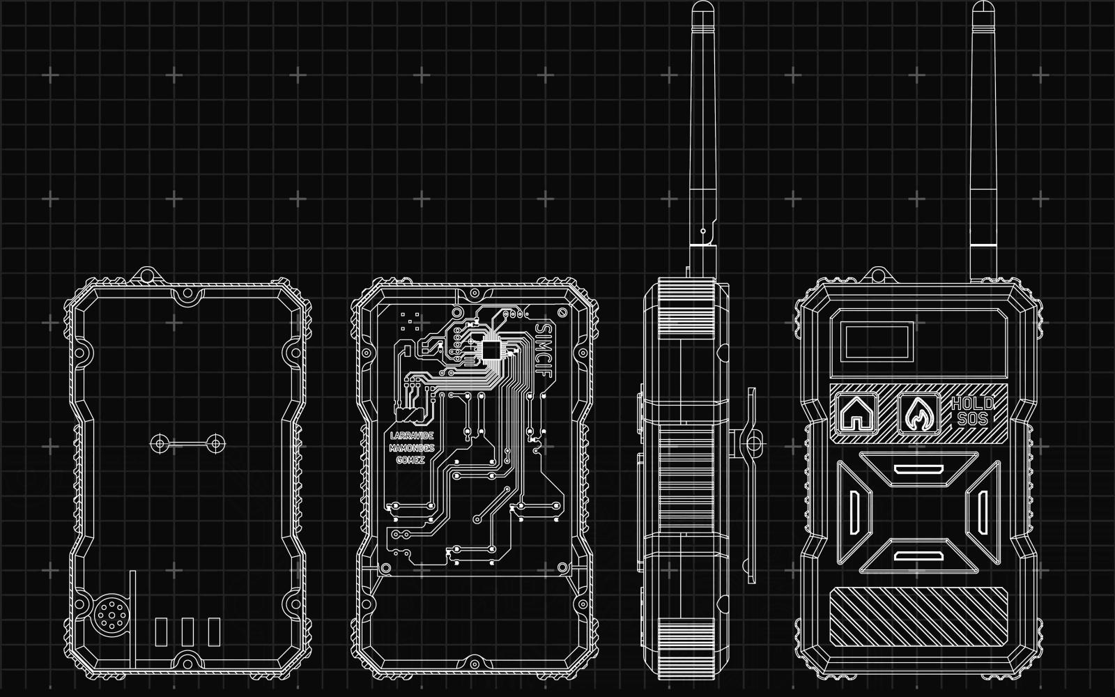 4 planos blueprint (frente, interno, perfil, posterior)